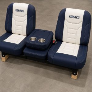 Buddy/Bucket Seat with center console for GMC/Chevy in navy blue and white.