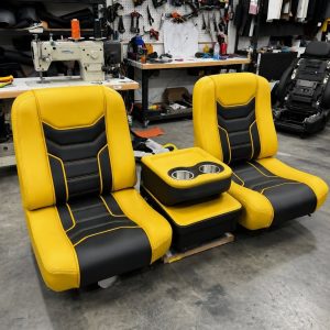 Classic Bucket/Buddy seat with center console for c10 in Bright yellow vinyl bolsters + black inserts + yellow stitching