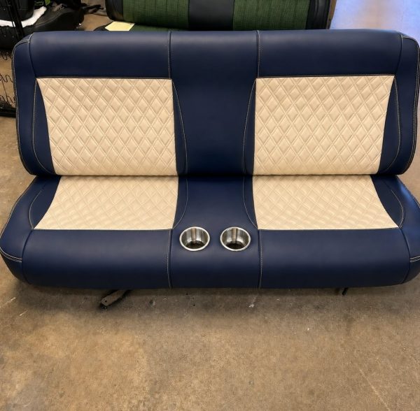 Classic two-tone cream and dark navy blue bench seat for 1984 Chevy K10 Silverado