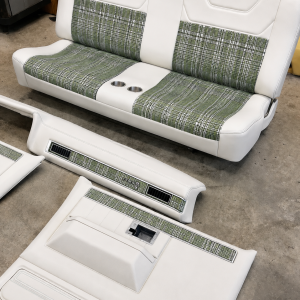 Complete interior in Plaid green inserts with white vinyl