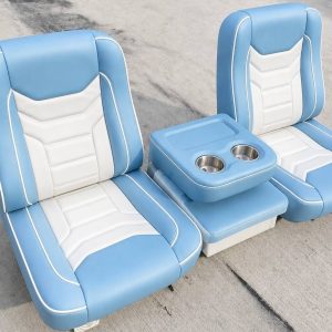 Custom Bucket seats in a two-tone light blue and white
