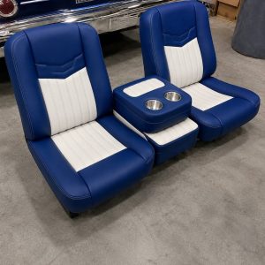 Custom Bucket seats in a two-tone navy blue and white for chevy, Ford or GMC